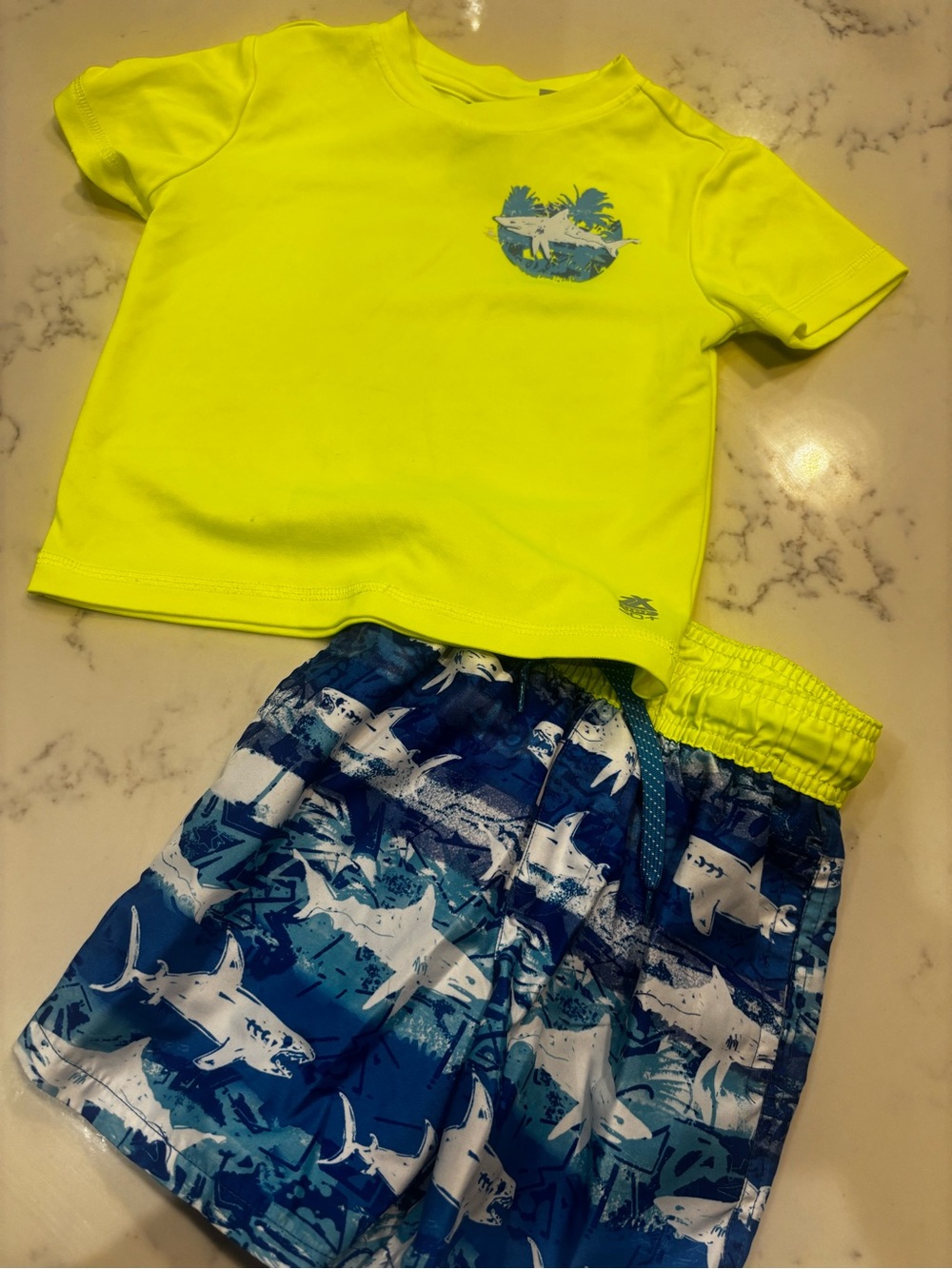 Boys’ Neon Yellow Rash Guard and Blue Shark Swim Shorts Set